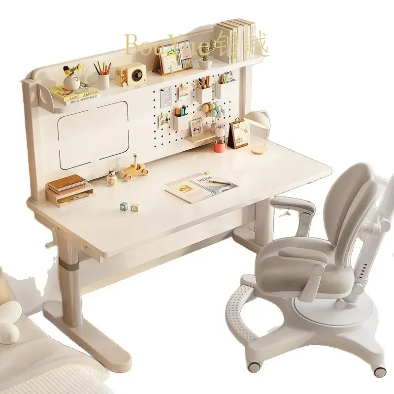 Solid Wood Kids Desk Manual Height Adjustable Study Table for Primary Students White Writing Station with Pegboard Bedroom
