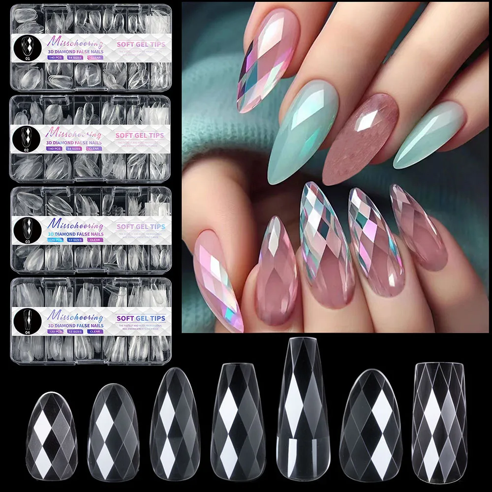 3D Diamond Shape Fake Nails Acrylic 120/140Pcs False Nails Full Cover Nail Extension Natural Curved Reusable Fake Nail Tips