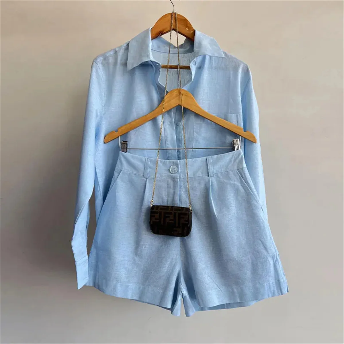 White Elastic Waist Shorts Two Piece Set For Women Commuting Long Sleeve Lace Up Shirt Suit Summer New Female High Street Outfit