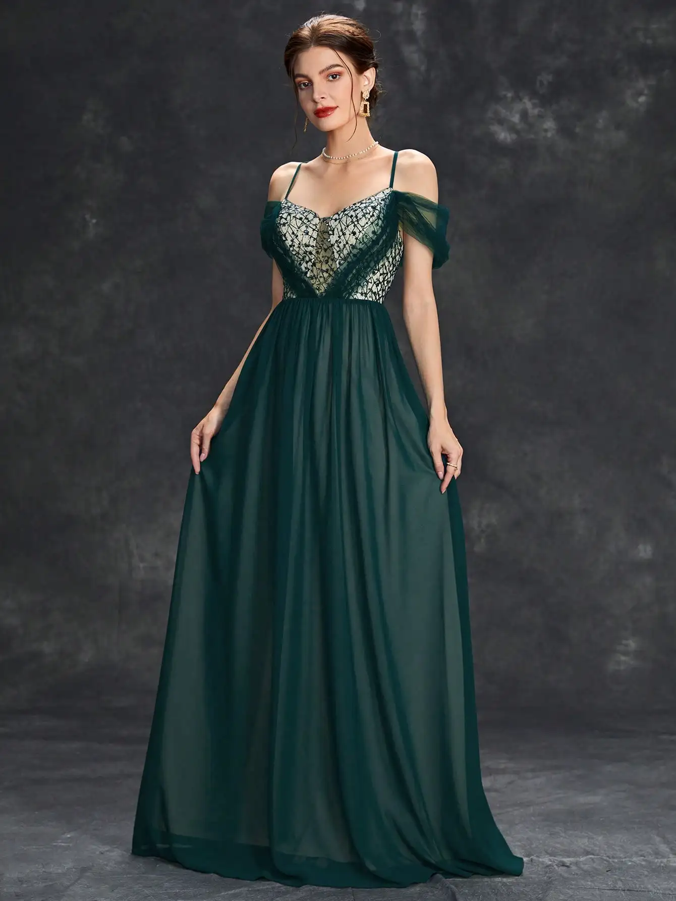 Mgiacy-プリーツシフォンスカート,Vネック,スパンコール,カットアウト,メッシュ,イブニングドレス,ウエディングドレス,イブニングドレス