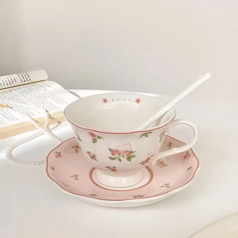 

Cute coffee cups and saucers set, high-value afternoon tea ins style, girl pink ceramic mug, hand-painted ins style