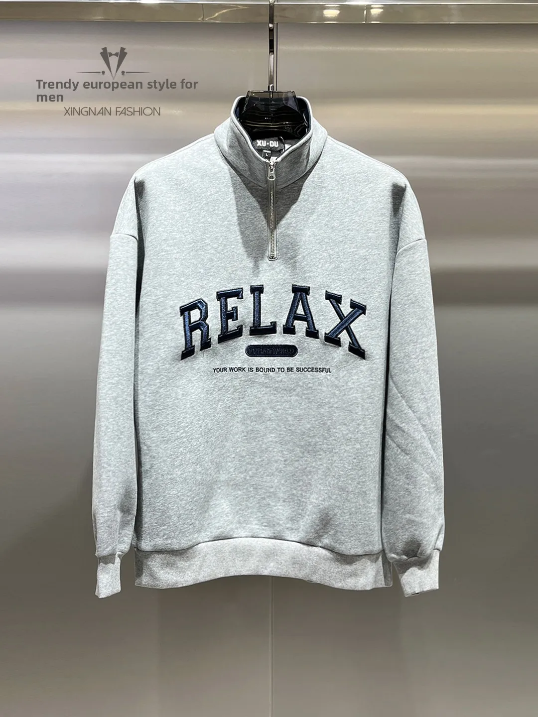 

Casual Loose Men's Jacket Half Zipper Stand Collar Embroidery Trendy Brand Youth Top Cotton Polyester Blend Long Sleeve