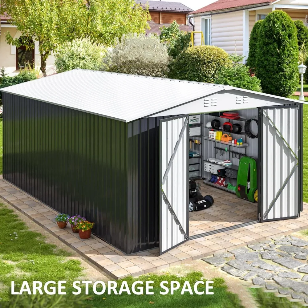 10x14 Outdoor Storage Shed, Garden Shed with Updated Frame Structure and Lockable Doors, Large Metal Storage Shed