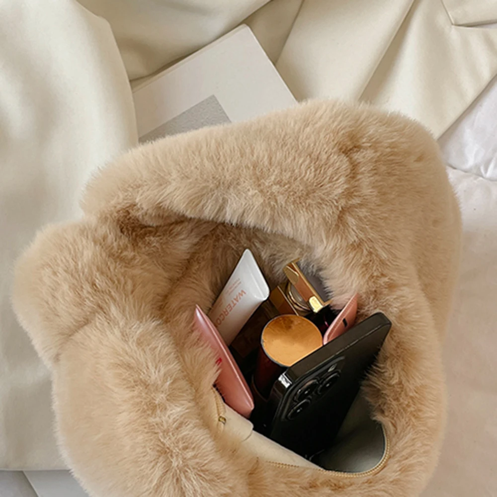 Solid Color Plush Dumpling Bag Handbag Niche Design Small Phone Bag Korean Style Tote Bag Faux Rabbit Fur Handbag Women