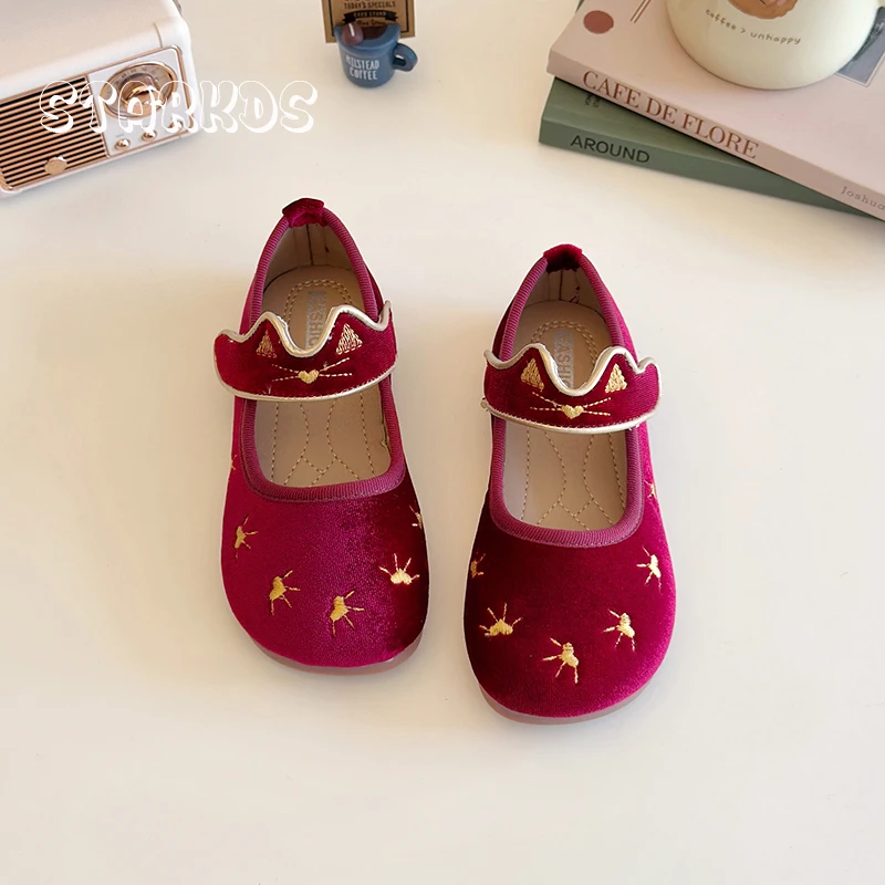 Cute Kitten Embroidery Velour Ballet Shoes Baby Kid  Chic Cat Paws Print Mary Janes Child Girls Vintage  Velvet Flat Zapatos