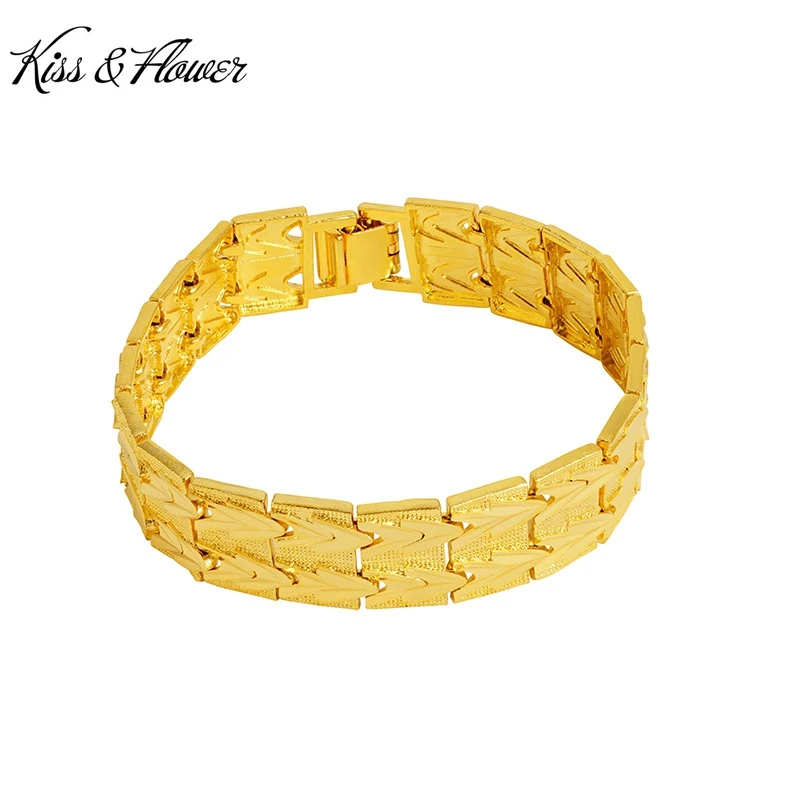 

KISS&FLOWER 24KT Gold 15mm Wide Watch Chain Bracelet For Men Jewelry Wholesale Wedding Party Birthday Groom Father Gift BR326