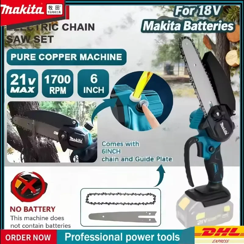 

Makita 6 Inch Chain Saw Electric Saw Handheld Portable Wood Logging Chainsaw Garden Pruning Wood Power Tool for 18V Battery