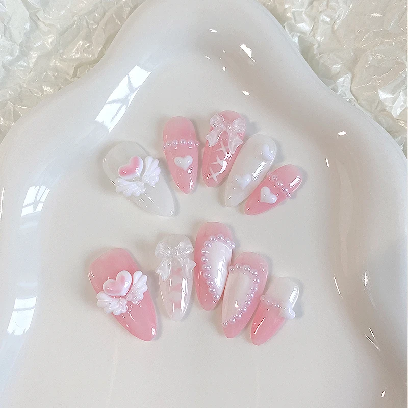 10 Stück handgepresste mandelförmige Nägel, schöne künstliche Nägel, süße Herz-Nagelkunst, rosa Engel, geeignet für Frauen. – Detail 3