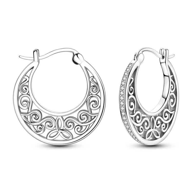 Original 925 Sterling Silver Zircon Loop Big Hoop Earrings For Women Vintage Pattern Elegant Jewelry Gifts