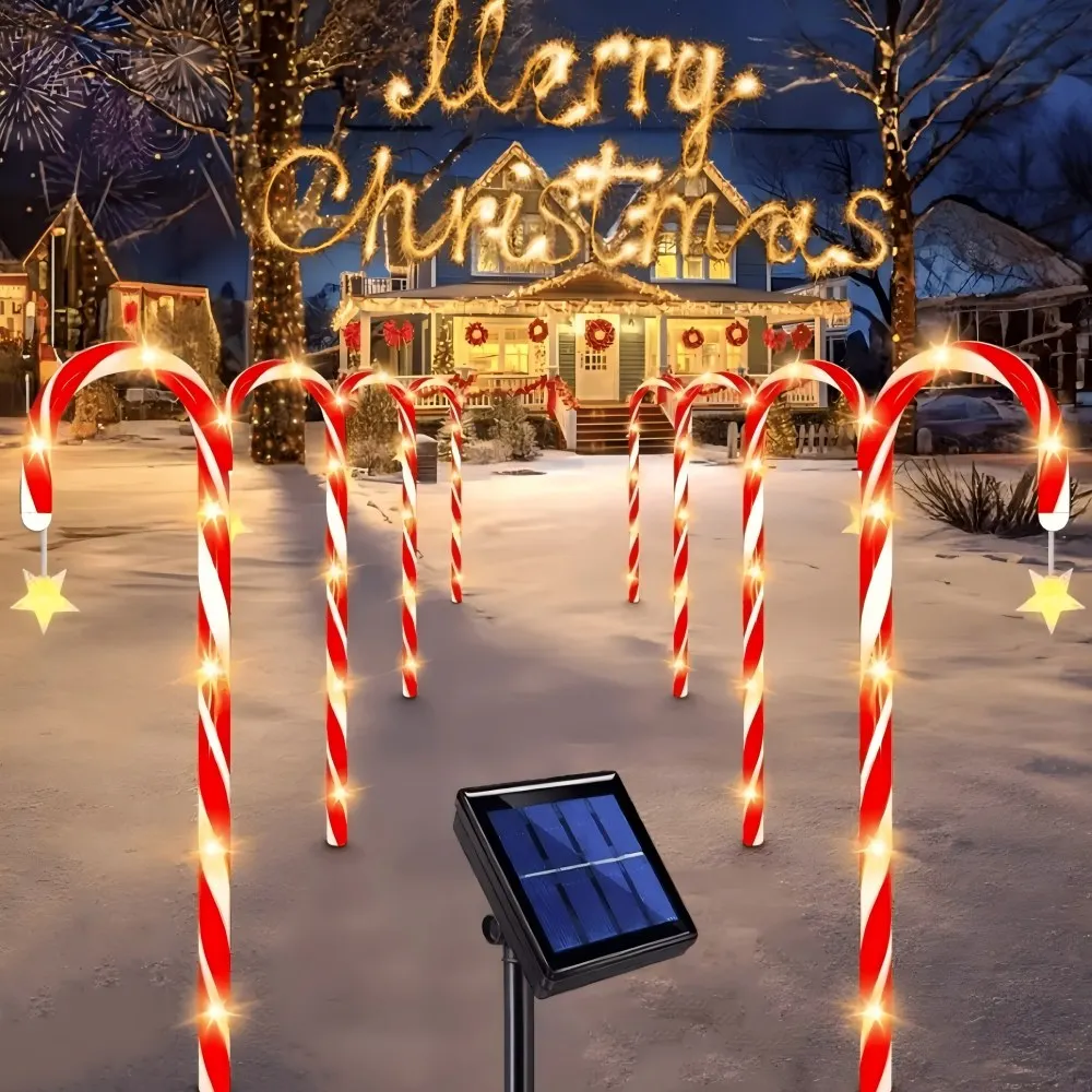 1SET 8PCS/5PCS Christmas Candy Cane Garden Stake Lights with Hanging Star Lights, Waterproof, for Outdoor Yard Lawn Decor