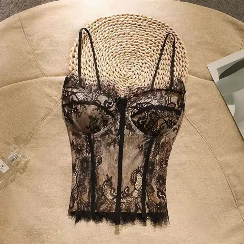 

Spicy Girl Style Hollow Lace Camisole Slim fit Transparent Lace Corset Tanks Sleeveless Crop Tops Travel