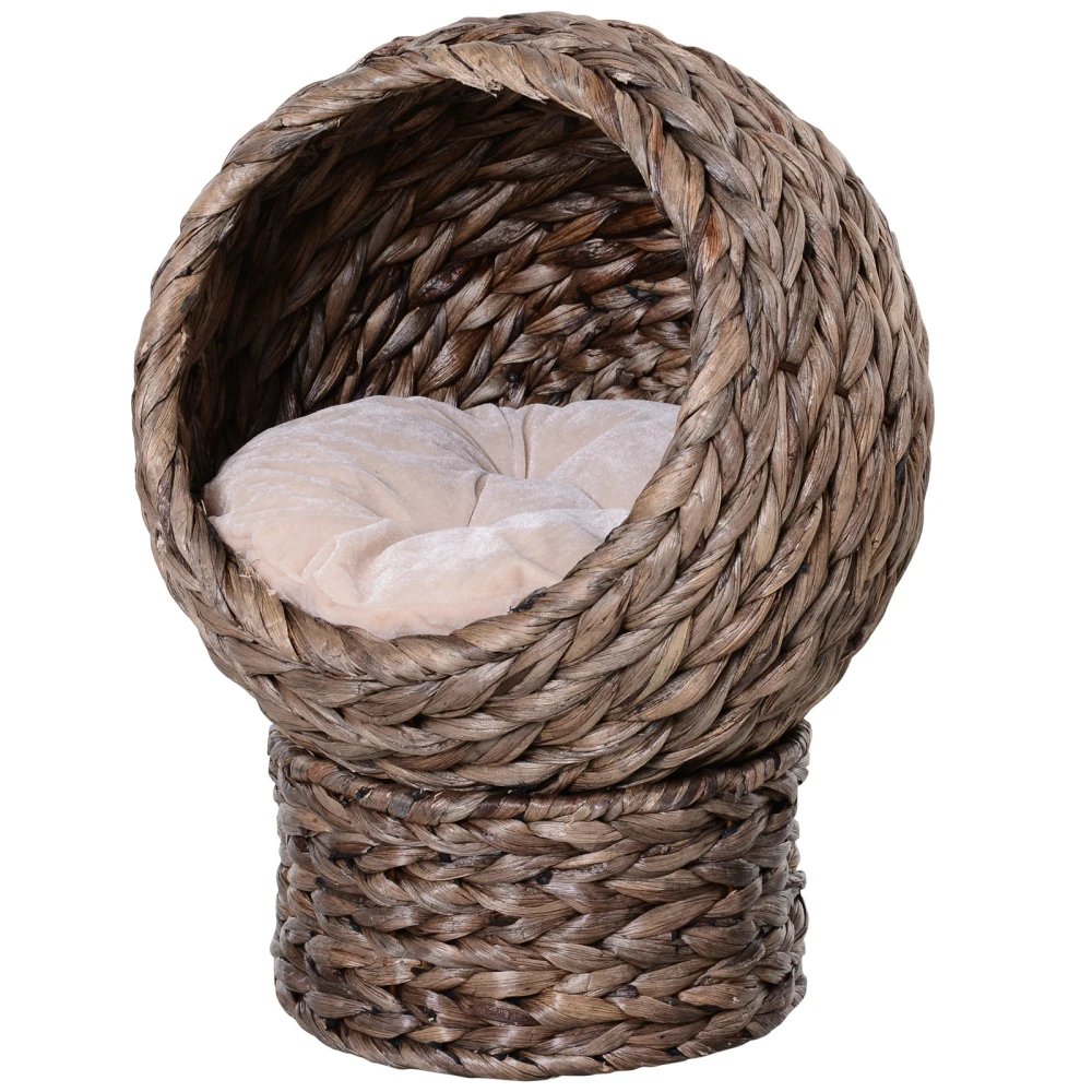 

PawHut Handwoven Elevated Cat Bed with Soft Cushion Egg Chair Shape Cat Basket Bed Kitty House Stand Raised Wicke Bed for Indoor