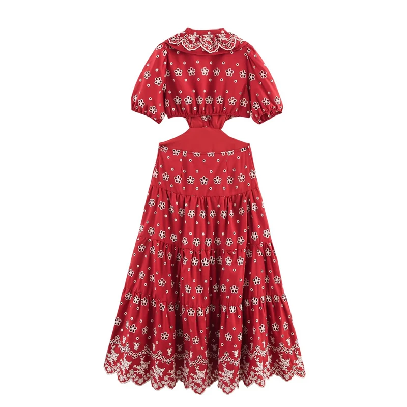 Keyanketian verão novo feriado vento oco para fora bordado expor cintura midi vestido feminino fino puff manga em camadas uma linha vestido