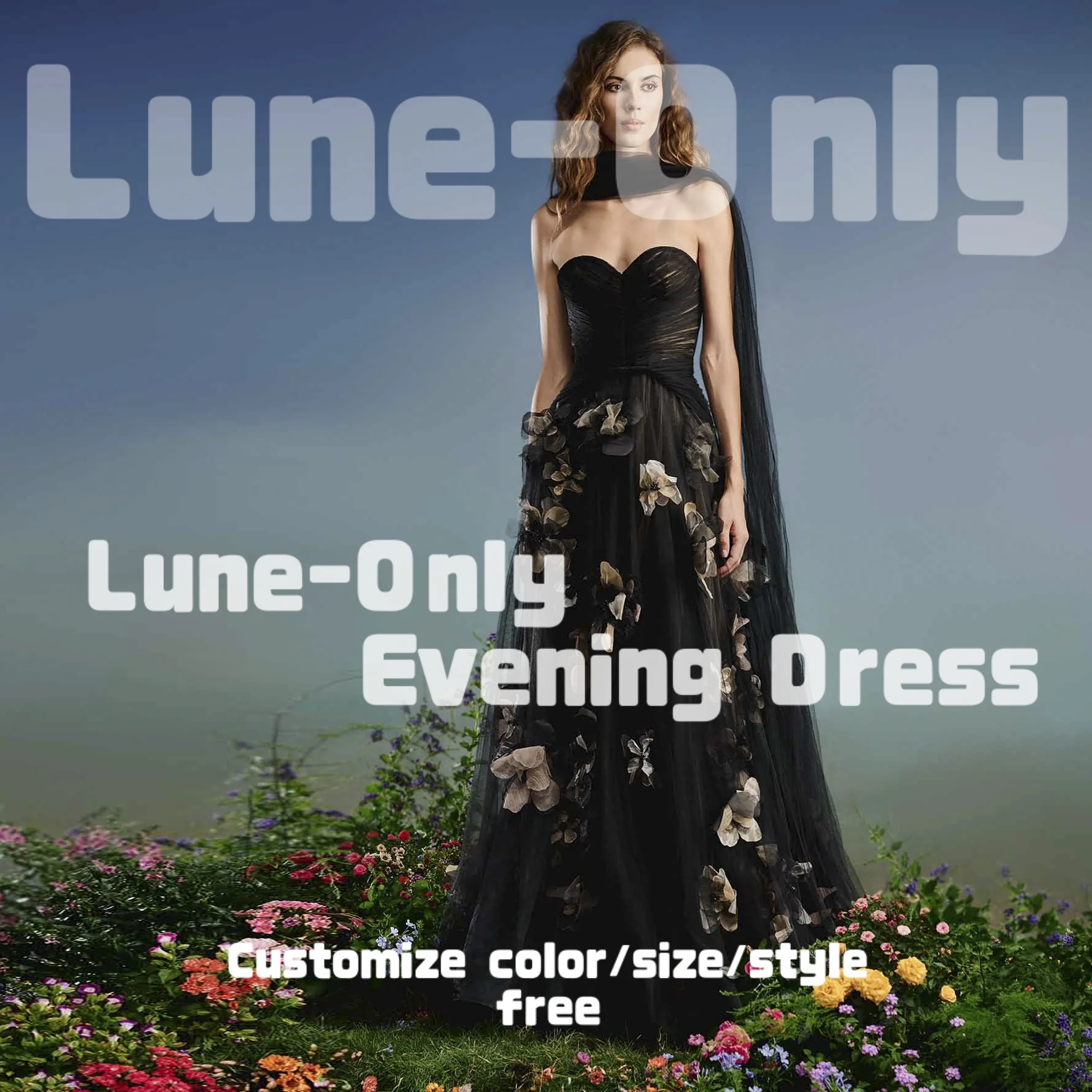 

Customized Sweetheart Neck Sleeveless Black Tulle Evening Dresses With Flowers Beads Long Scarf A-Line Prom Dress Party Gown