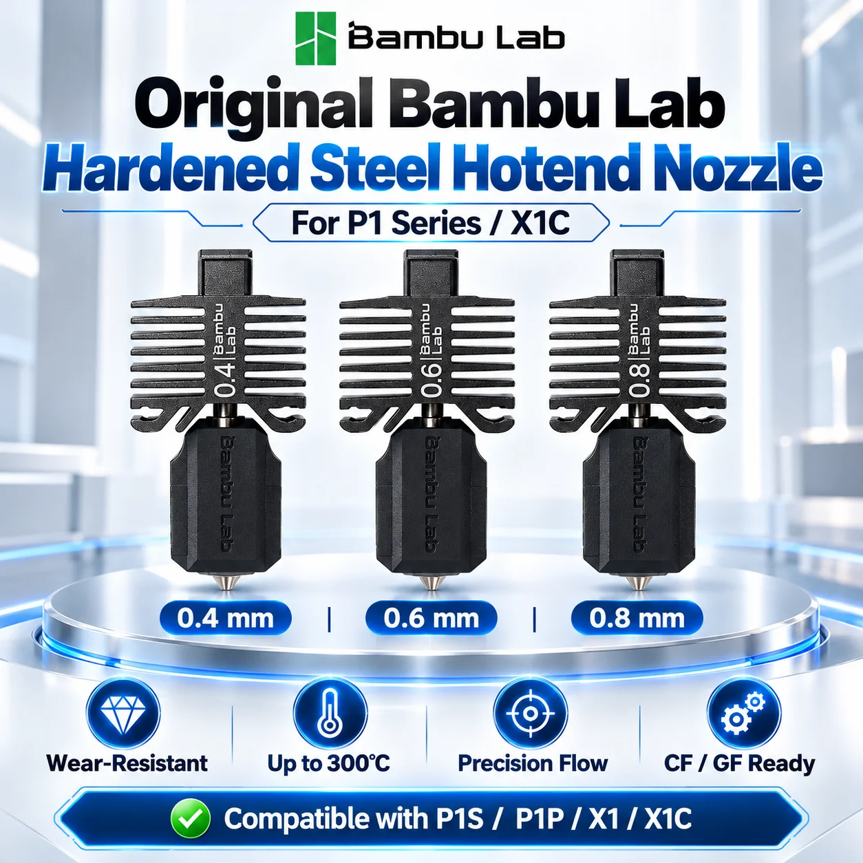 Original Bambu Lab Hardened Steel Hotend Nozzle 0.4 0.6 0.8mm for P1S P1P X1 X1C 3D Printer