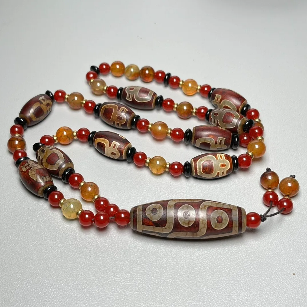 Tibetan Old Agate dZi *Wealth Gods&9 Eye*Bead Amulet Necklace T0630