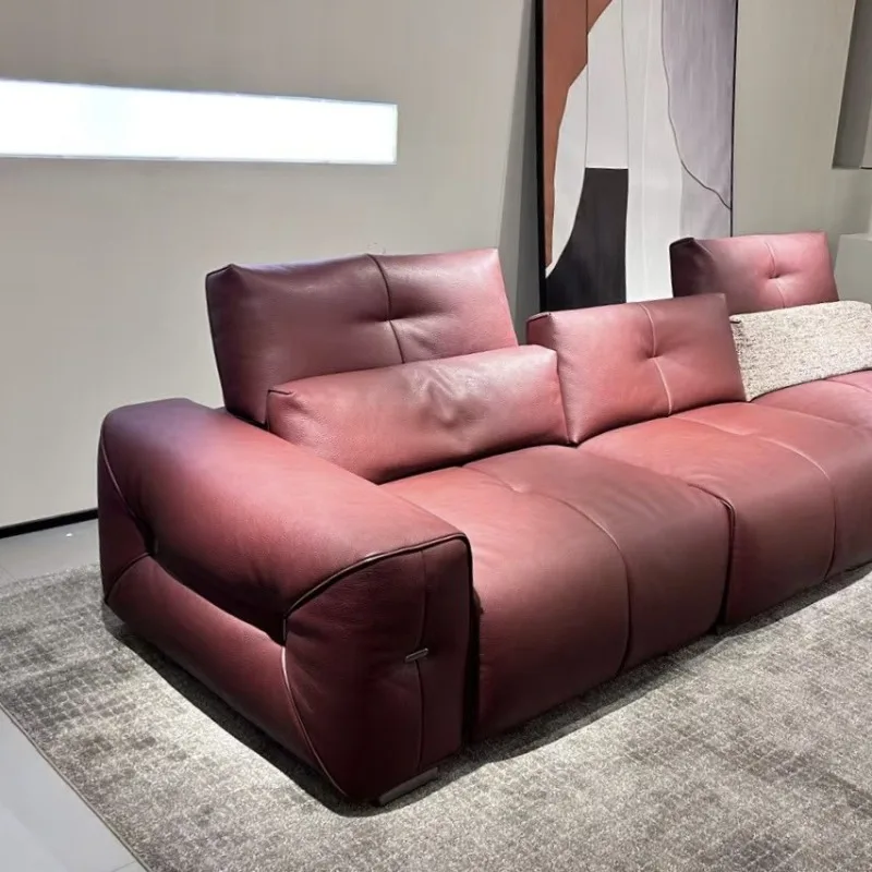 Modern living room straight row large flat layer red leather sofa