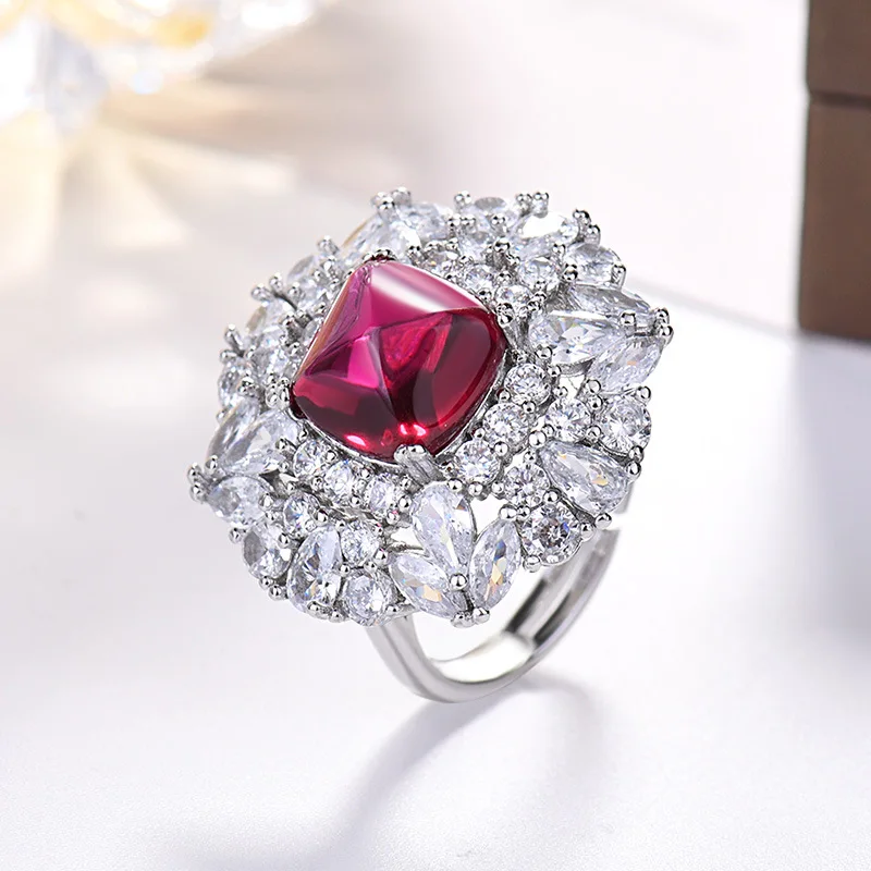 New High-end Jewelry Colorful Emerald Pigeon Blood Ruby Sugar Tower Full Diamond Inlaid Ring Master 10*10