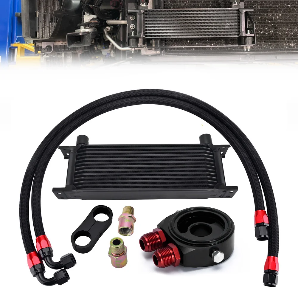 

13 Row AN10 Universal Adaptor Engine Oil Racing Cooler Kit Oil Cooler Filter Sandwich Adapter Stainless Steel Braided