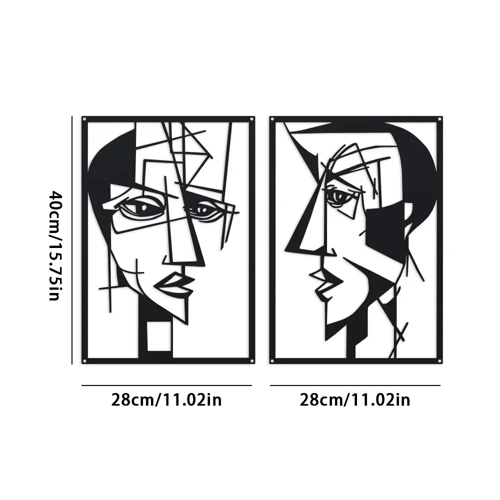 A Set of 2 Striking Metal Wall Arts. Geometric Abstract Faces in Bold Black Finish for A Modern, Bedroom  Living Room Decoration