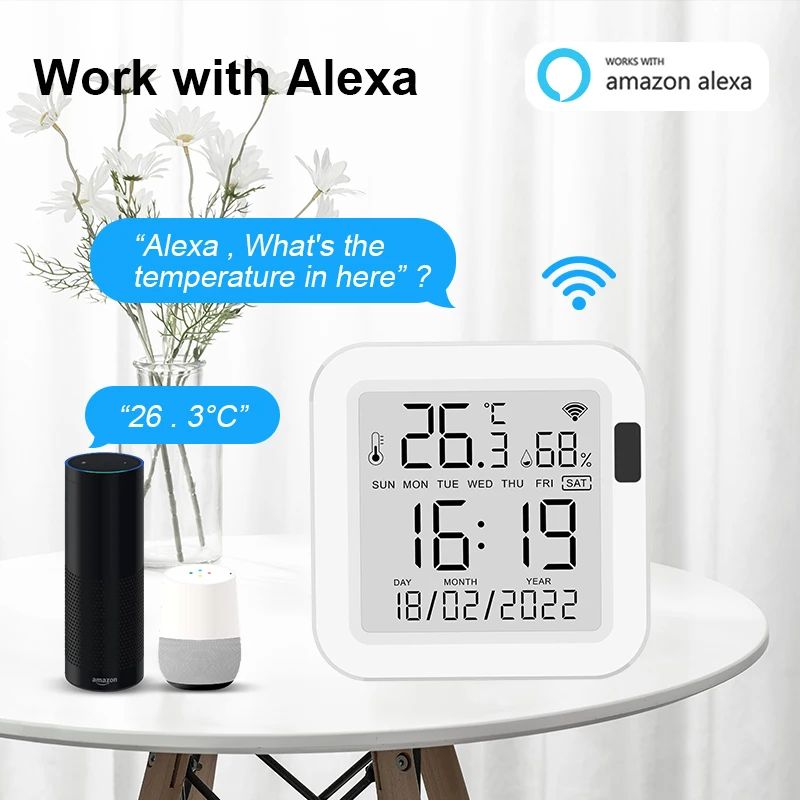 Tuya Temperature and Humidity Smart Sensor With Backlight for Smart Home var WiFi SmartLife Work with Alexa Assistant