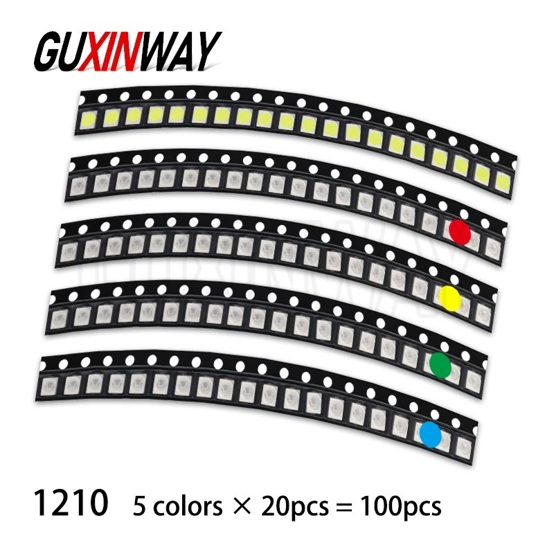 100 шт. 0603 0805 1206 3528 5730 5050 SMD светодиодный комплект светодиодов 5 цветов миниатюрный светодиод красный белый желтый зеленый синий