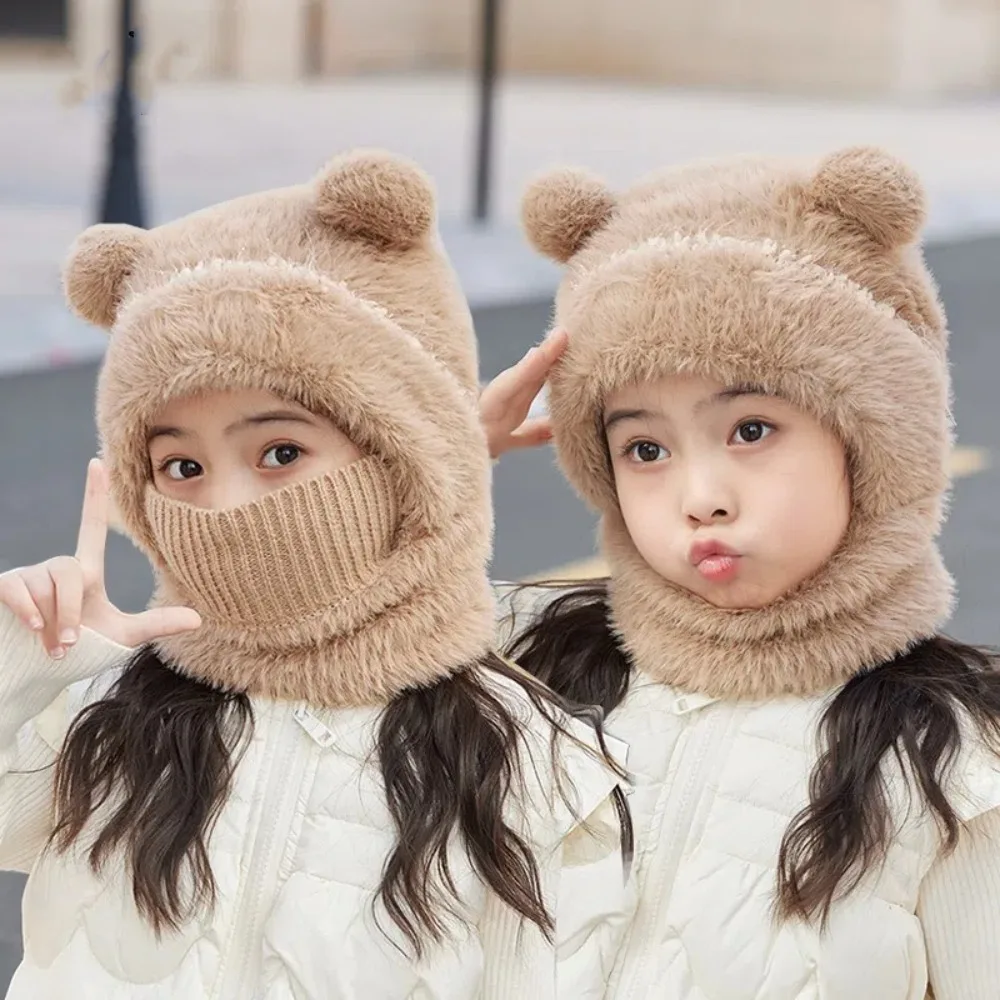 

New Warm Scarf Mask Integrated Hat Windproof Coldproof Pullover Cap Pompom Neck Warmer Autumn and Winter