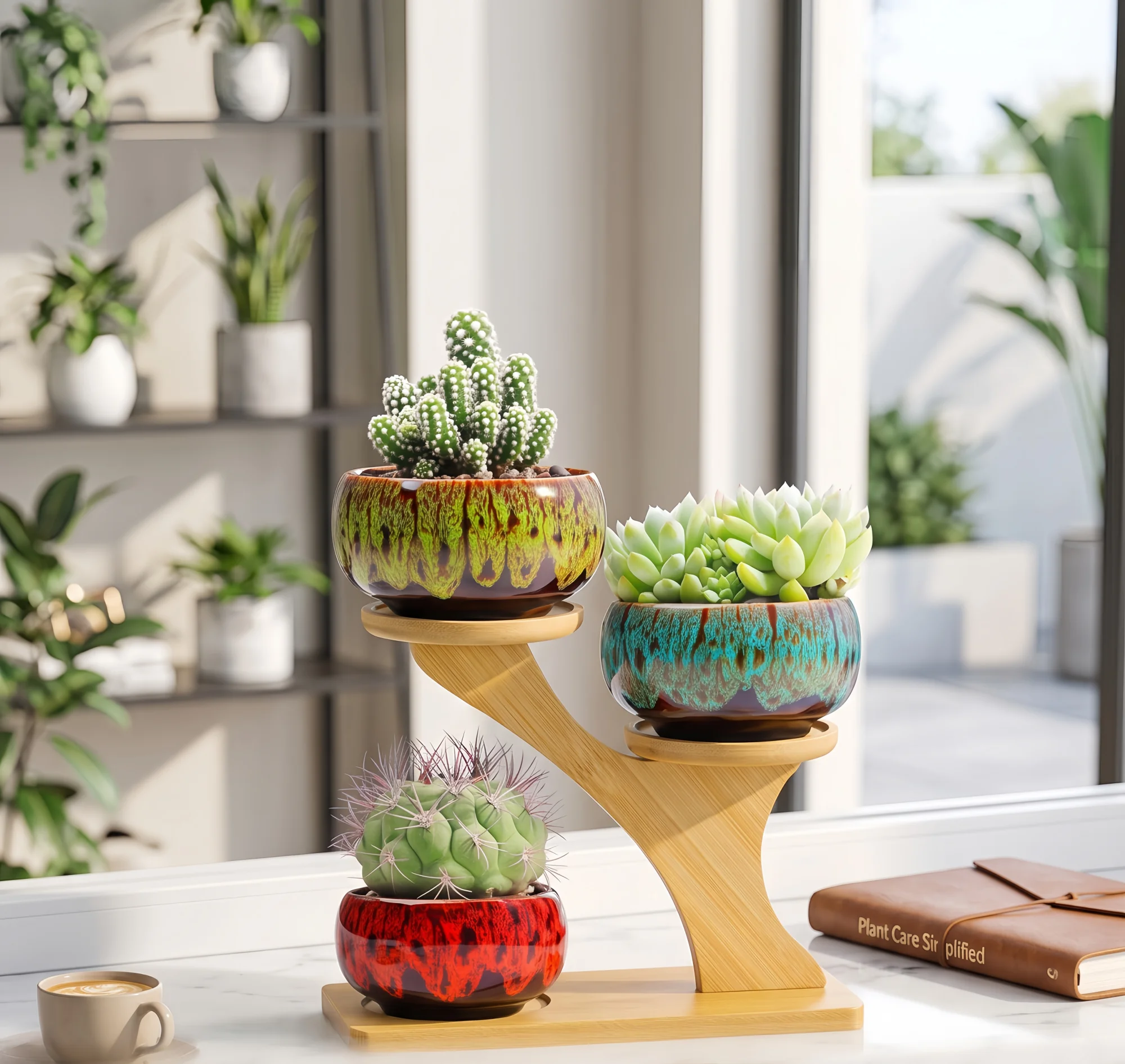 3Pcs Glazed Ceramic Succulent Pots with 3-Tier Bamboo Stand Flower Planter with Drainage Hole Desktop Decor Bonsai Pot Set