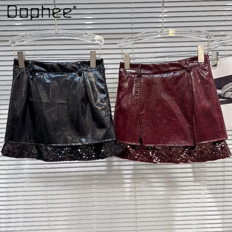 

Glossy PU Leather Sequin Patchwork Mini Skirt 2026 Spring New Sweet Cool Hot Girl Y2K High Waist Slim Sexy A-line Skirt Women