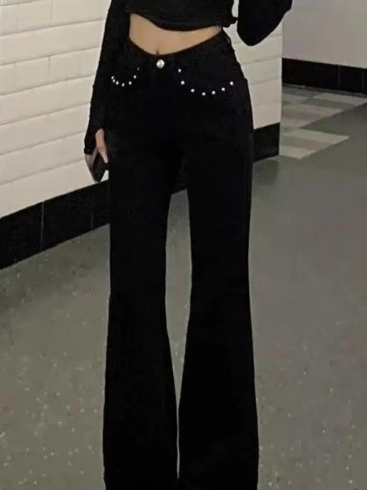 

plus Size Black Stud Detail Wide Leg Jeans Women's Straight Cut Flared Long Trousers Elastic Slimming High Waist Denim Pants