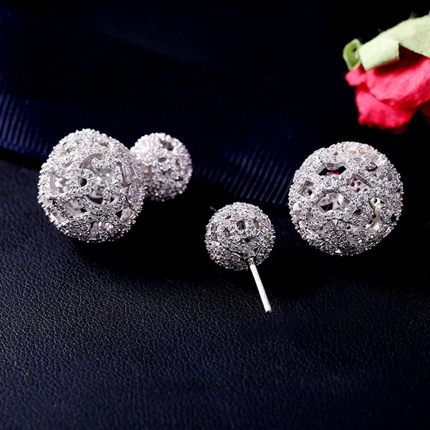 Korean Fashion Full Micro Zircon Pave Double Sided Hollow Balls Jacket Earrings for Women Trendy Costume Jewelry Pendiente Mujer