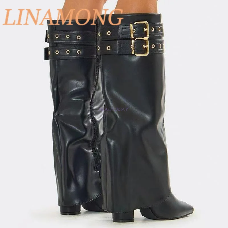 

Pointed Rivet Knight Boots Fashionable Retro Double Belt Buckle Long Tube Side Zipper Design Thick High Heels Knee High Boots