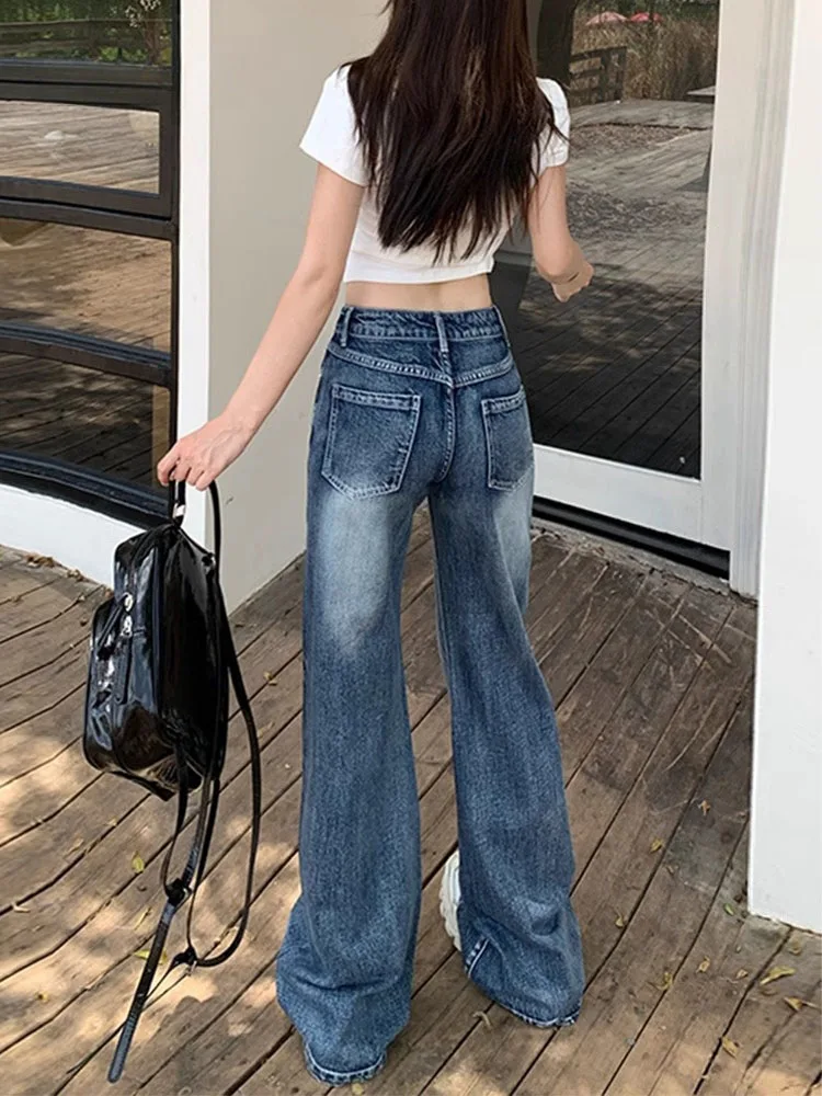 Damskie jeansy plus size z rozszerzanymi nogawkami, nowość 2025, luźne, proste, szerokie nogawki, długość do podłogi, spodnie typu trąbka w stylu amerykańskim high street.