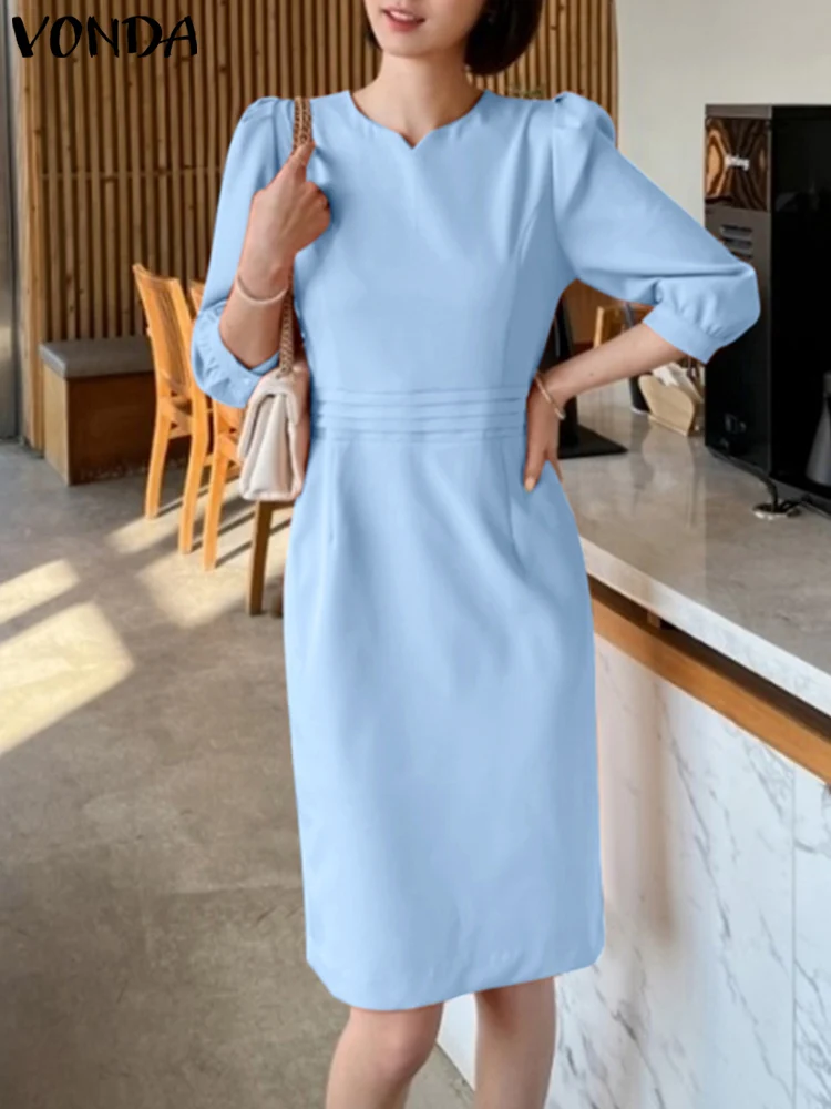 VONDA Elegant Shirt Dress 2023 Women Summer Mini Sundress Casual Solid Color 3/4 Puff Sleeve Pleated V-Neck Short Vestidos Robe