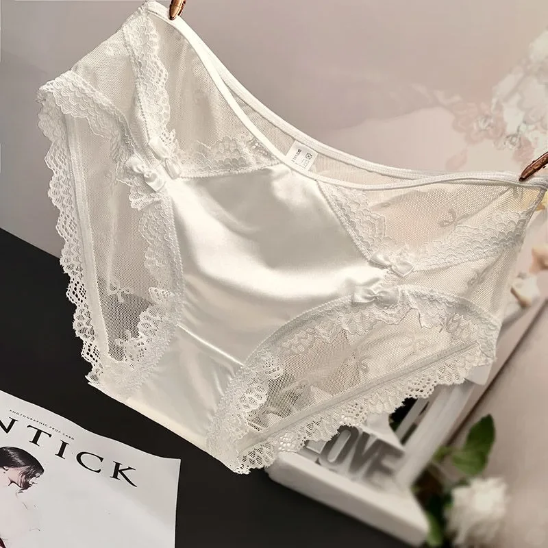 Japanese Style Girl's Hollow Bow Sweet Lace Panties Women's Transparent Pure Cotton Crotch Sexy Thin Briefs Mid-Waist Underwear