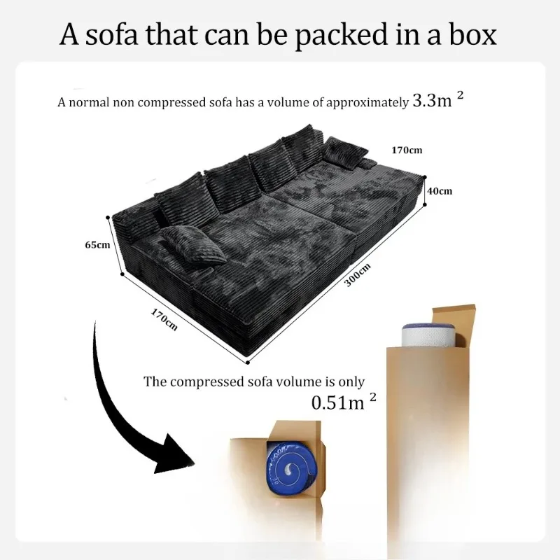 Large super soft pure sponge fabric compression sofa ultra vacuum roll sofa