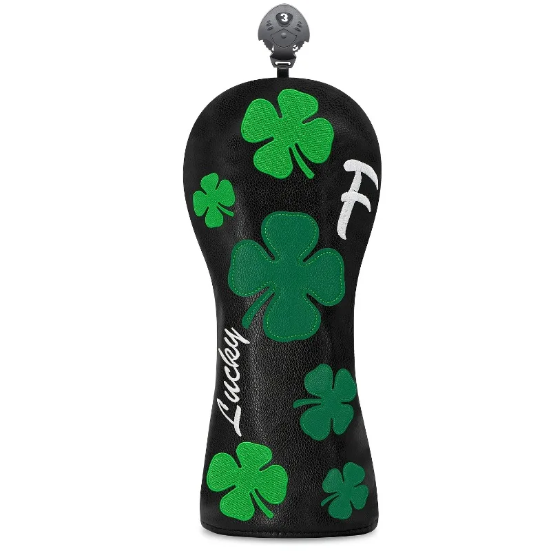Deep Black Four-Leaf Clover Golf Putter Head Cover - Lucky Charm Design with Green Clovers & White Four-Leaf Clover image 3