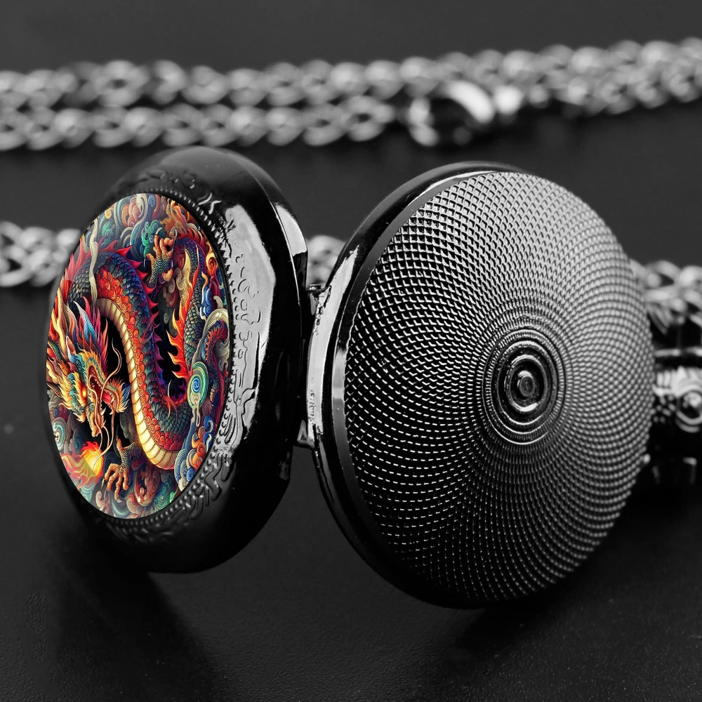 Orologio da tasca al quarzo nero con cupola in vetro drago cinese con quadrante con numeri arabi e catena resistente, regalo retrò per uomini e donne