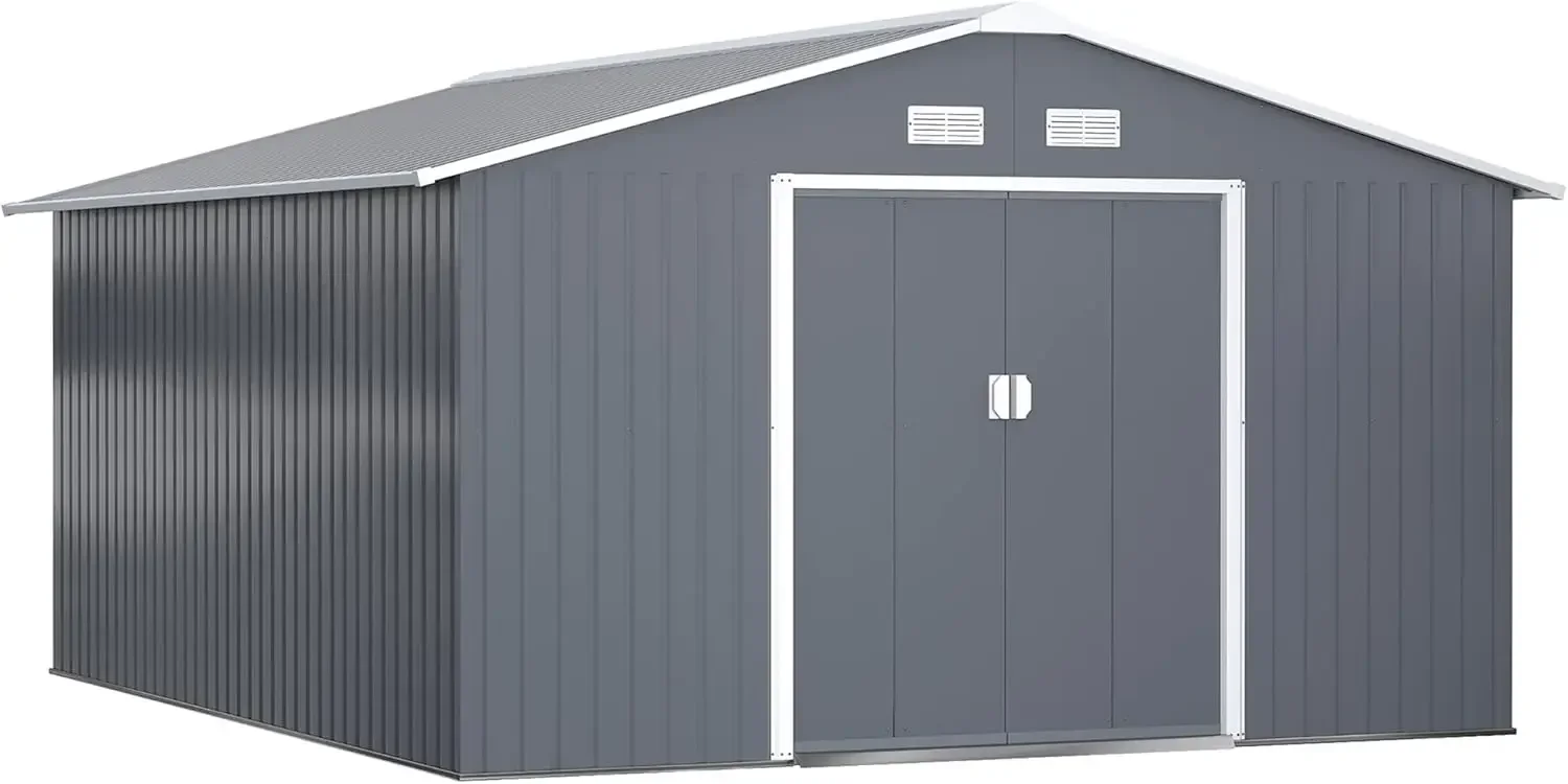 Outsunny 11' x 13' Outdoor Storage Shed, Garden Tool House with Foundation Kit, 4 Vents and 2 Easy Sliding Doors for Backyard