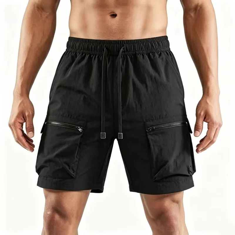 New Men's work large pocket shorts, summer comfort zipper multi-pocket outdoor casual sports beach pants with elastic bands