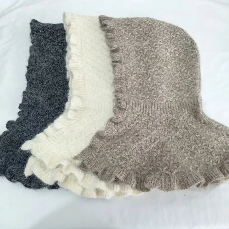 New Knitted Pullover Cap Women Winter Korean Version Versatile Warm Ear Protection Ruffle Edge Hat Scarf One-piece Balaclava Hat