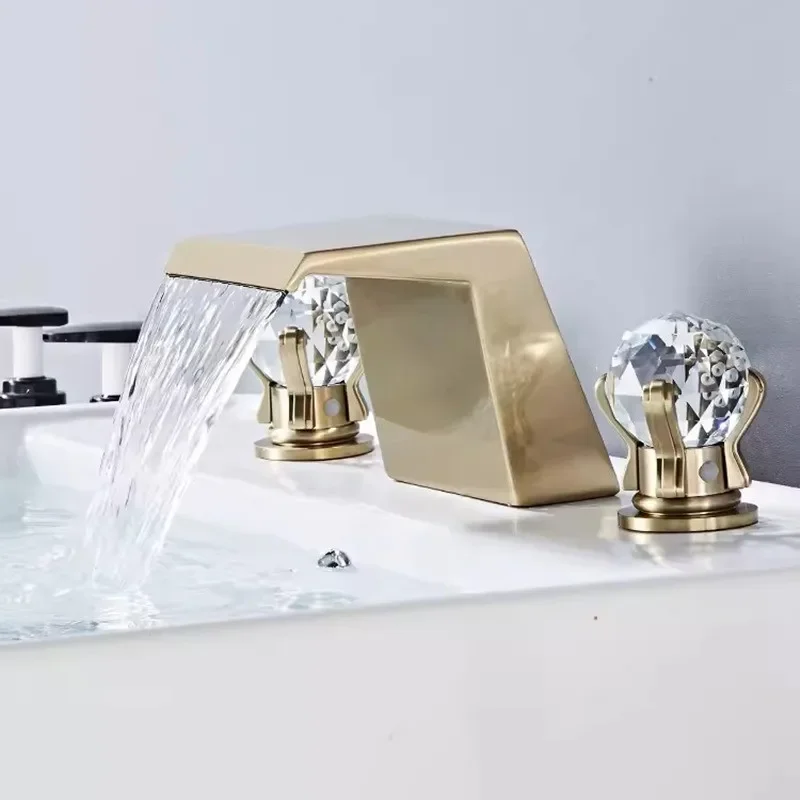 

Luxury Brushed Gold Bathroom Faucet Brass Widespread Basin Sink 3 Hole Hot Cold Black Water Tap
