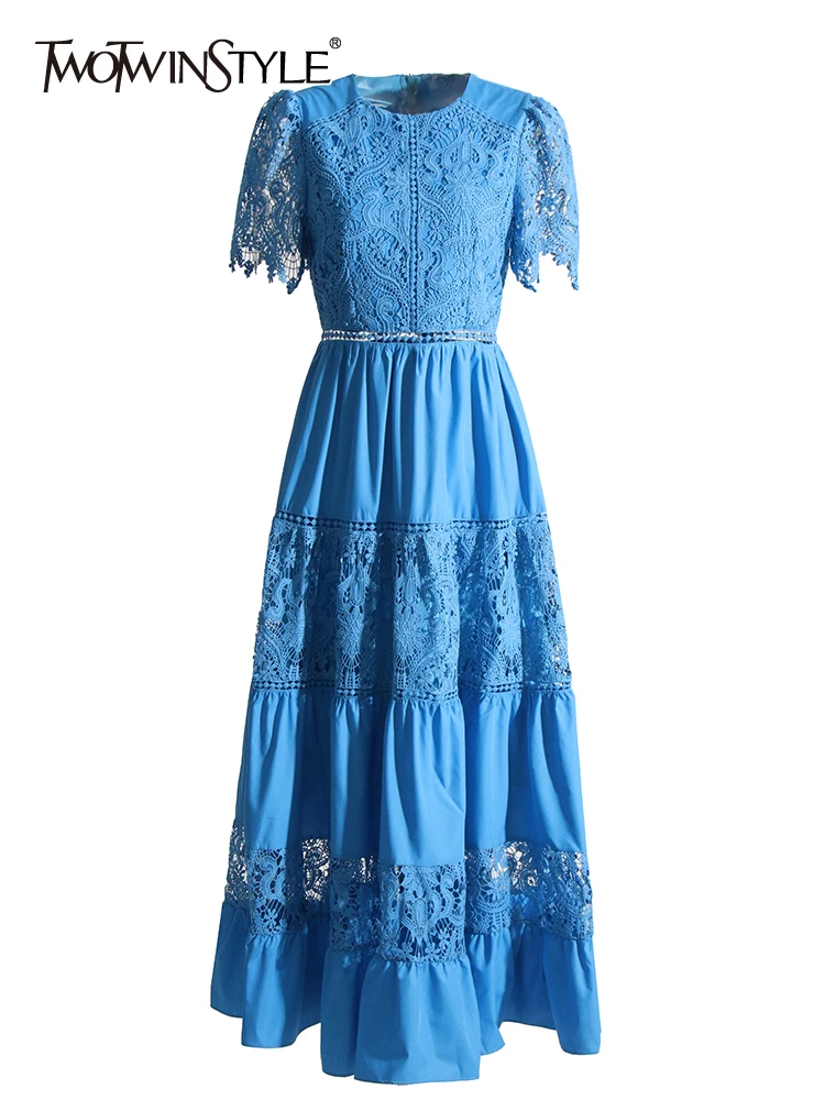 

TWOTWINSTYLE Hollow Out Dresses For Women Round Neck Short Sleeve High Waist Folds Elegant Dress Female Fashion Clothing 2023