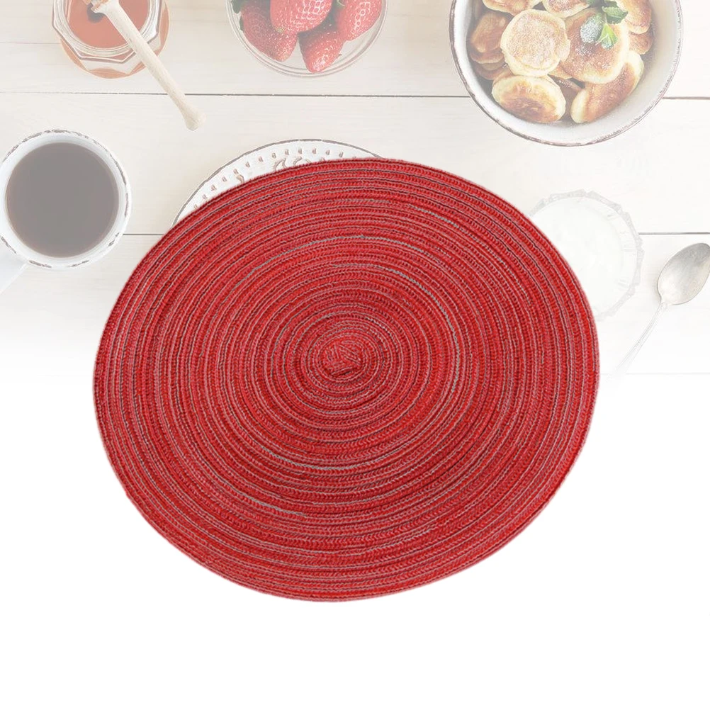 

Cotton Linen Woven Placemat Round Red L Heat Resistant Table Mat Non-Slip Kitchen Dining Coaster For Home Decor