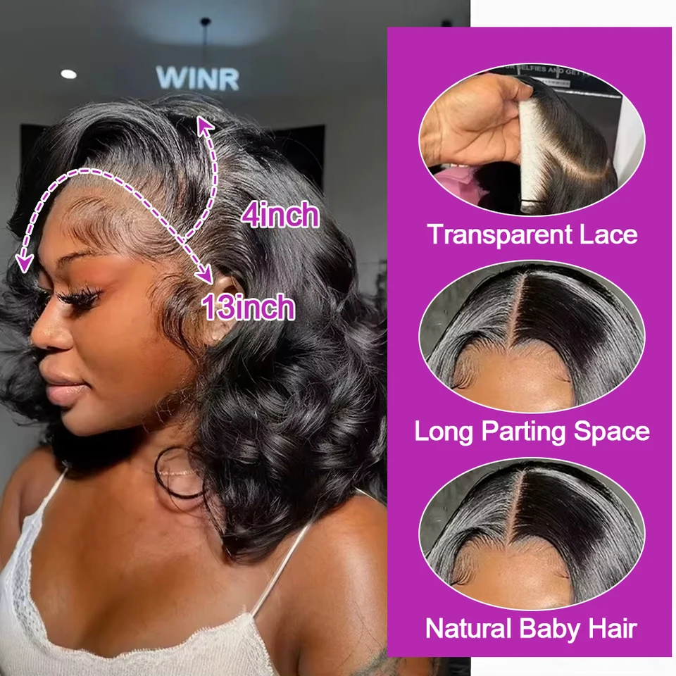 Peluca de encaje frontal HD 13x6 sin pegamento, cabello humano corto estilo bob, Body Water Wave, cabello virgen brasileño negro natural 2