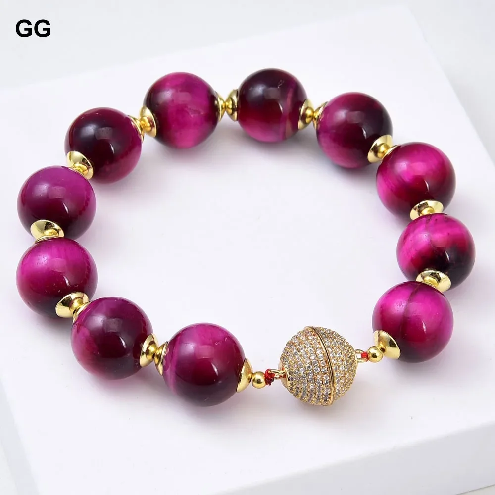 

Браслет из натурального камня GG, 14 мм, круглый, гладкий, цвет фуксия, тигровый глаз, с фианитами, магнитная застежка-шарик