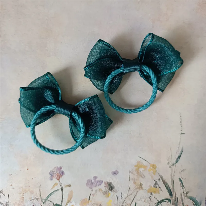 2023 Cute Spring/Summer New Sweet Baby Headrope Girl Children's Dark Green Silk Mini Bowknot Leather Band Hair Loop Hair Rope