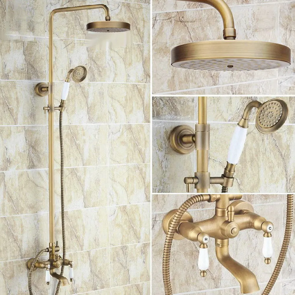 

Antique Brass Two Ceramic Handle Bathroom Rain Shower Faucet Set Tub Mixer Tap + 7.7" Round Rain Shower Head + Handshower ars149