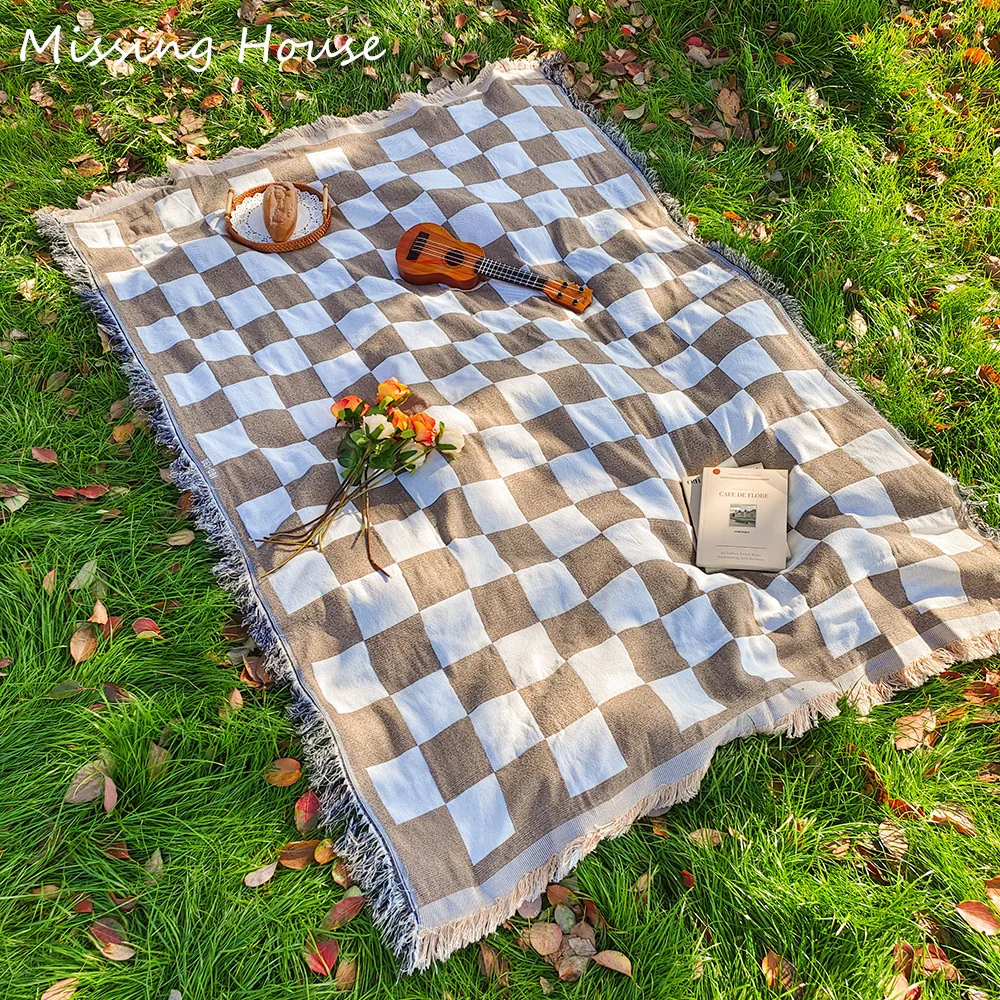 Ins Chessboard Khaki Green Black Color Cotton Woven Blanket Tapestry Rug Home Decro Personalized Gift Sofa Cover Mat Rug