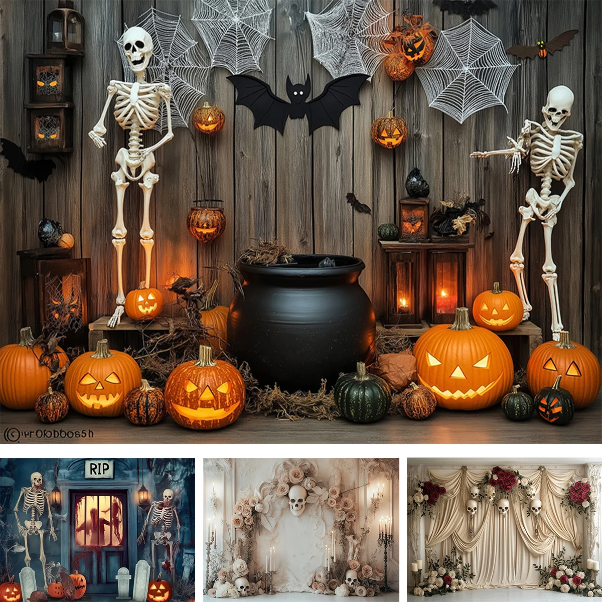 

Винтажный готический фон на Хэллоуин с черепами и розами, декор для фотосъемки для взрослых и детей, RIP-нагробие, тыква, фон для фотостудии